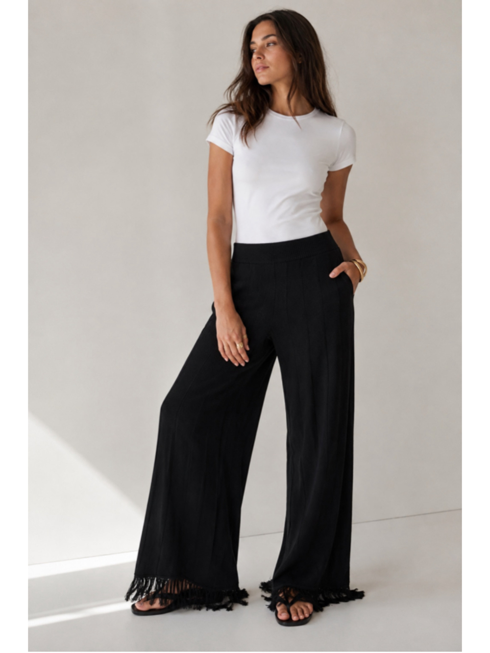DISSH Aria Black Fringed Knit Wide Leg Pants Size 4 NWT High Rise Resort